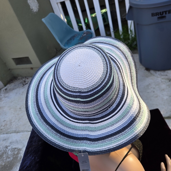 Accessory Street Aqua Mist Wide Brim Sun Hat Metallic Stripe Floppy Hat - Picture 3 of 12